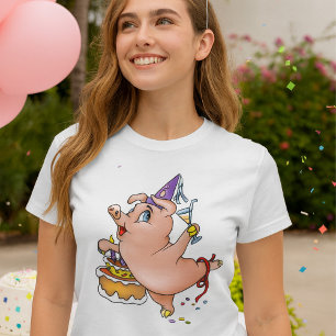 Dancing Birthday Party Pig with Cake and Cocktail T-Shirt