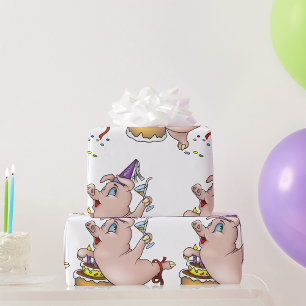 Dancing Birthday Party Pig with Cake and Cocktail Wrapping Paper