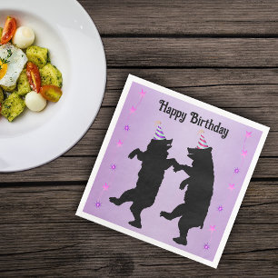 Dancing Black Bears Party Hats Stars on Purple Napkin