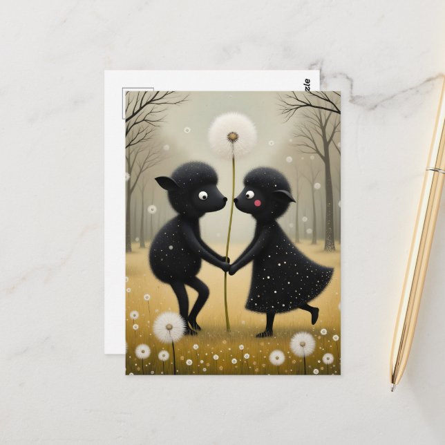 Dancing Black Sheep in Dandylions Postcard (Front/Back In Situ)