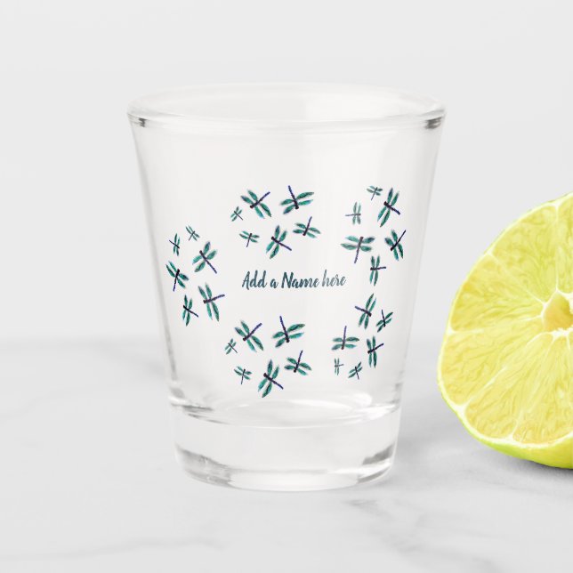 Dancing Blue Dragonfly Art Personalised Shot Glass (Front)