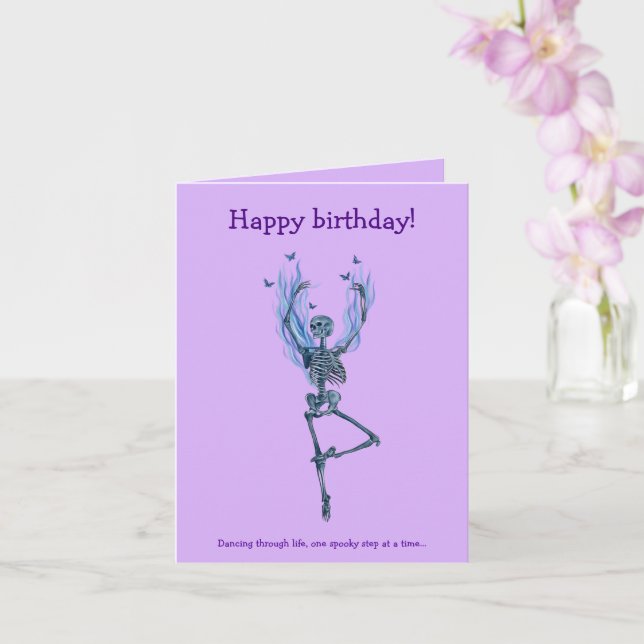 Dancing Blue Skeleton Humourous Happy Birthday Card (Orchid)