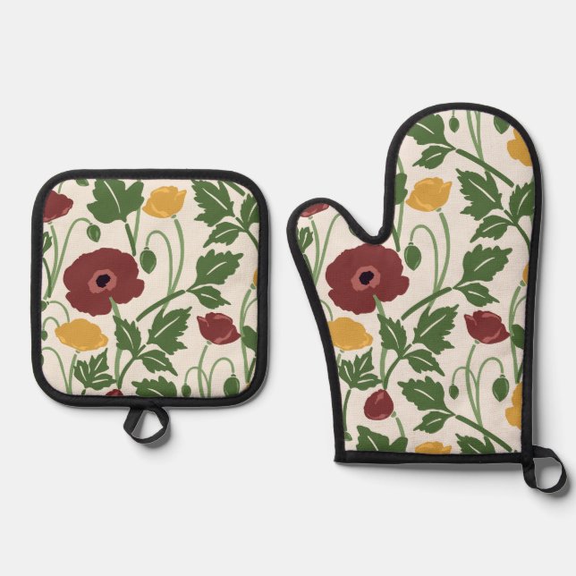 Dancing Botanicals Deep Burgundy Harvest Gold Oven Mitt & Pot Holder Set (Front)