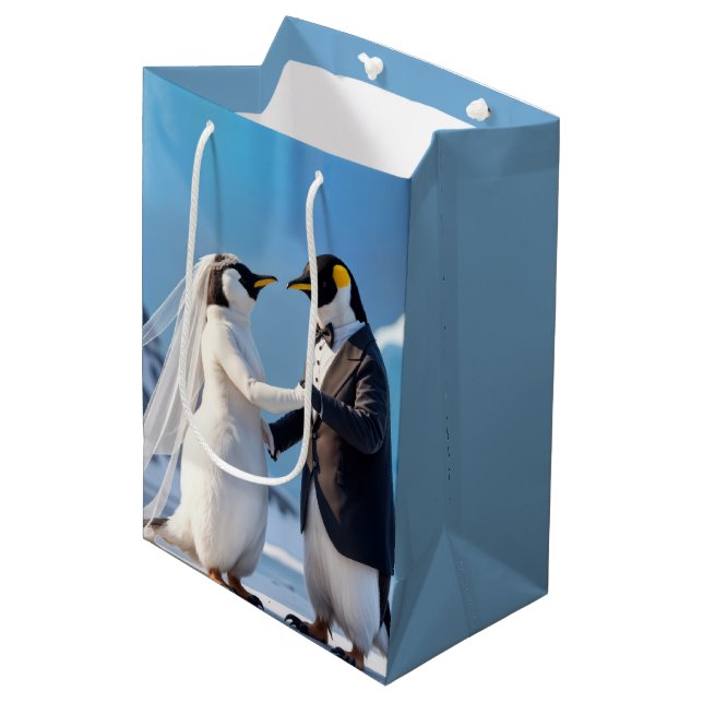 Dancing Bride and Groom Penguins Medium Gift Bag (Front Angled)