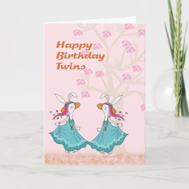 Dancing Bunnies for a Young Twins Birthday Card (Front)