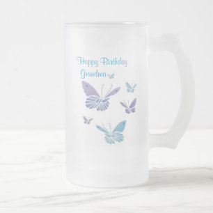 Dancing Butterflies, Happy Birthday Grandma Frosted Glass Beer Mug