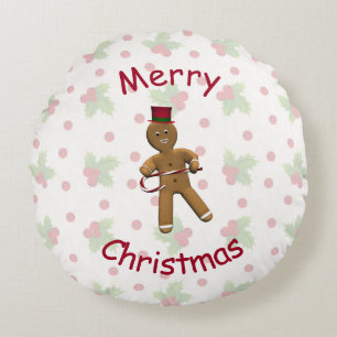 Dancing Cartoon Gingerbread Man Round Cushion