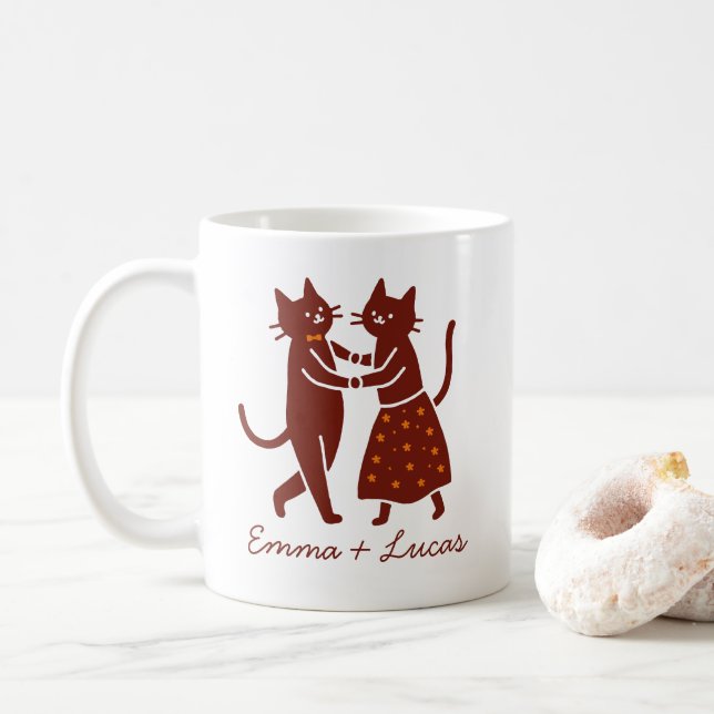 Dancing Cat Couple, Cute Wedding custom name Coffee Mug (With Donut)