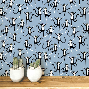 Dancing Cat Pattern Blue Wallpaper