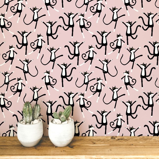 Dancing Cat Pattern Blush Pink Wallpaper (Black and white tuxedo kitty cat pattern blush pink peel and stick wallpaper)