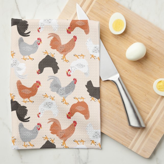 Dancing Chickens Pattern Tea Towel (Quarter Fold)