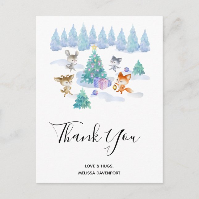 Dancing Christmas Forest Animals Thank You Postcard (Front)