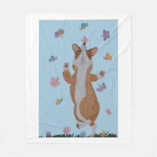 Dancing Corgi with butterflies Fleece Blanket