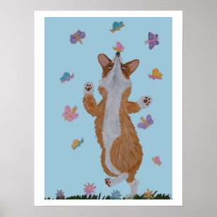 Dancing Corgi with butterflies Poster
