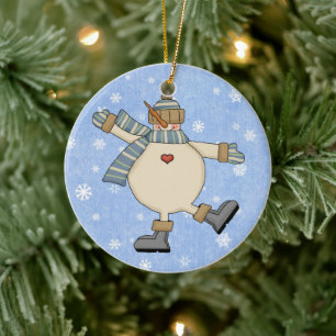 Dancing Country Snowman Ceramic Tree Decoration