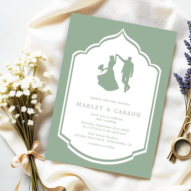Dancing Couple Illustration Sage Green Wedding Invitation (Creator Uploaded)