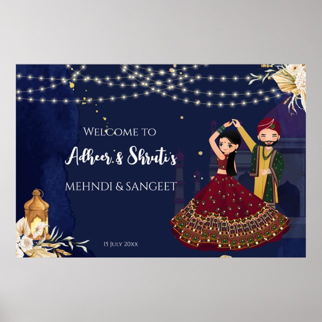 Dancing couple Mehndi and Sangeet welcome sign (Front)