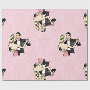 dancing couple vintage ballroom pink damask wrapping paper