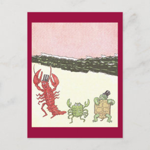 Dancing Crustaceans & Turtle on Beach Postcard