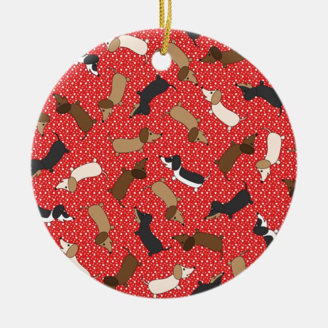 Dancing Dachshunds (Red) Ceramic Tree Decoration (Front)