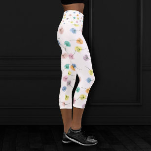 Dancing Dandelions Watercolor Floral Pattern Capri Leggings