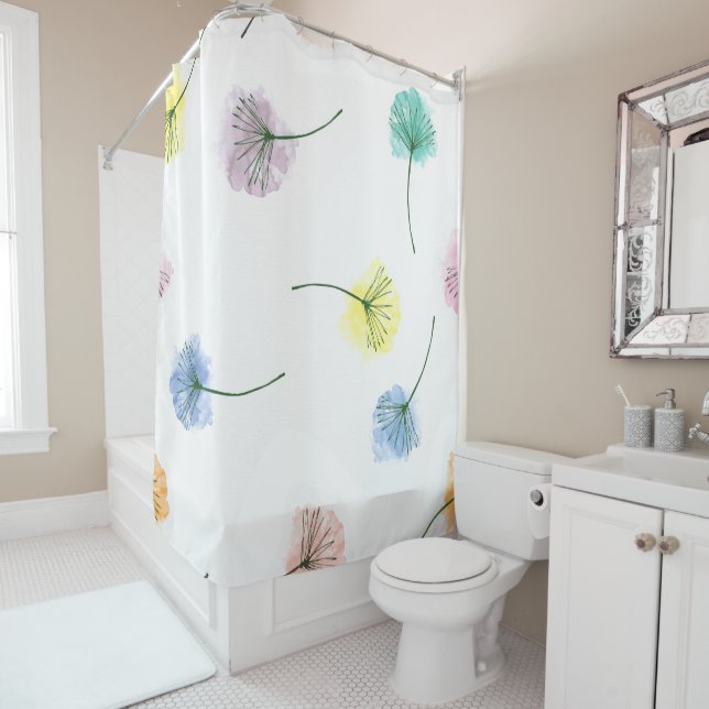Dancing Dandelions | Watercolor Floral Pattern Shower Curtain (In Situ)