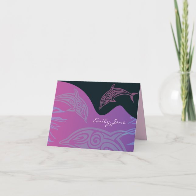 DANCING DOLPHINS Folded Thank You Card-pink Note Card (Front)