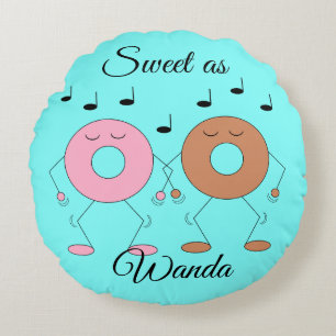 Dancing Donuts Pastel Blue Round Cushion