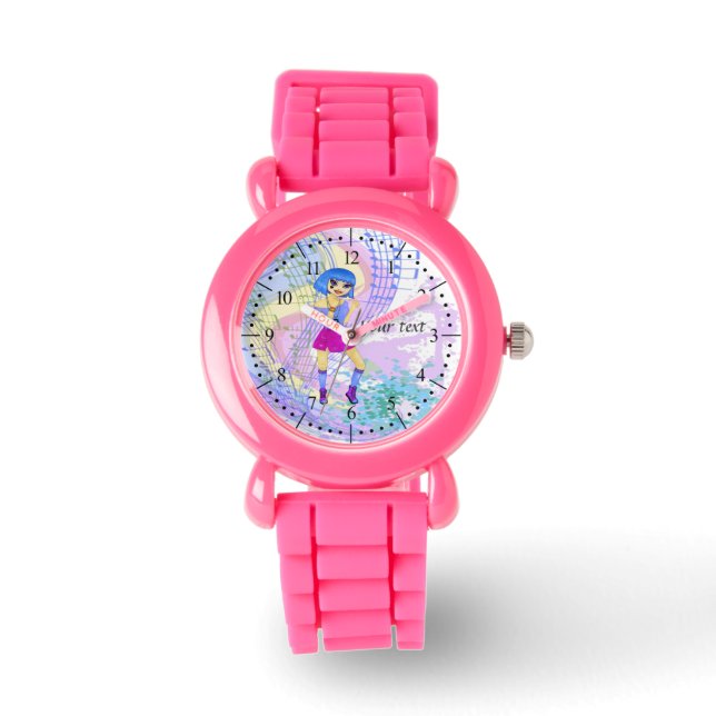 Dancing fashion illustration with bright blue hair watch (Front)