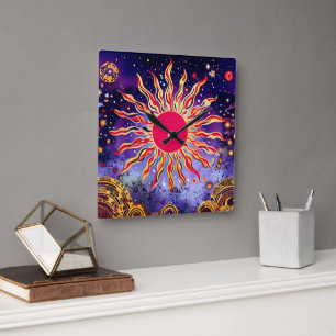 “Dancing Fire of the Cosmos” The Sun Square Wall Clock