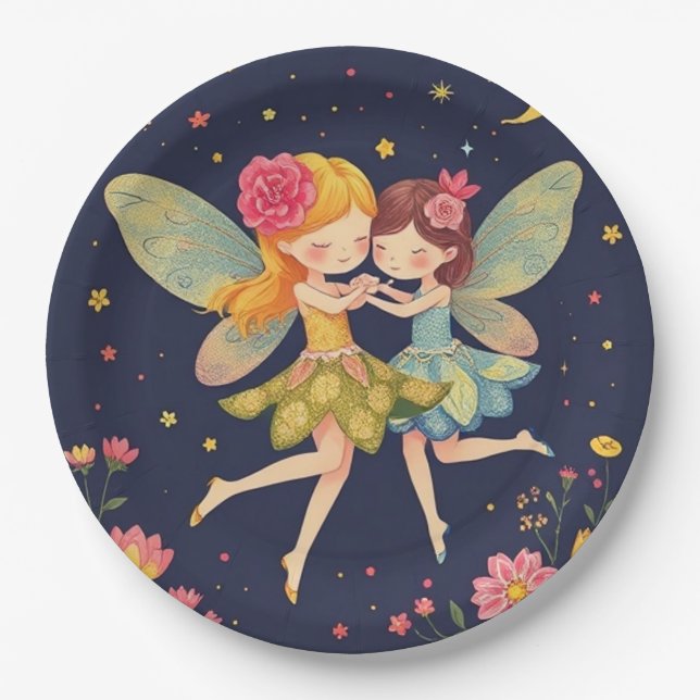  Dancing Floral Fairies1 Gold Glitter Paper Plates (Front)