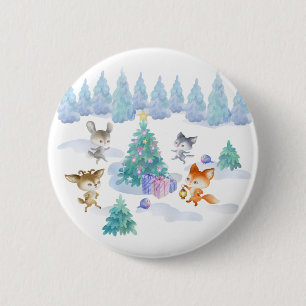 Dancing Forest Animals Christmas Watercolor 6 Cm Round Badge