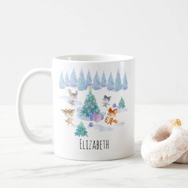 Dancing Forest Animals Christmas Watercolor Coffee Mug (With Donut)