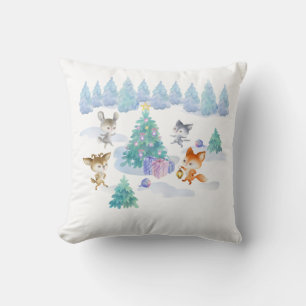Dancing Forest Animals Christmas Watercolor Cushion