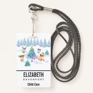 Dancing Forest Animals Christmas Watercolor ID Badge
