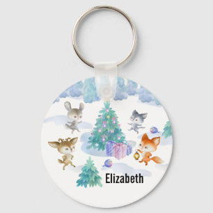 Dancing Forest Animals Christmas Watercolor Key Ring