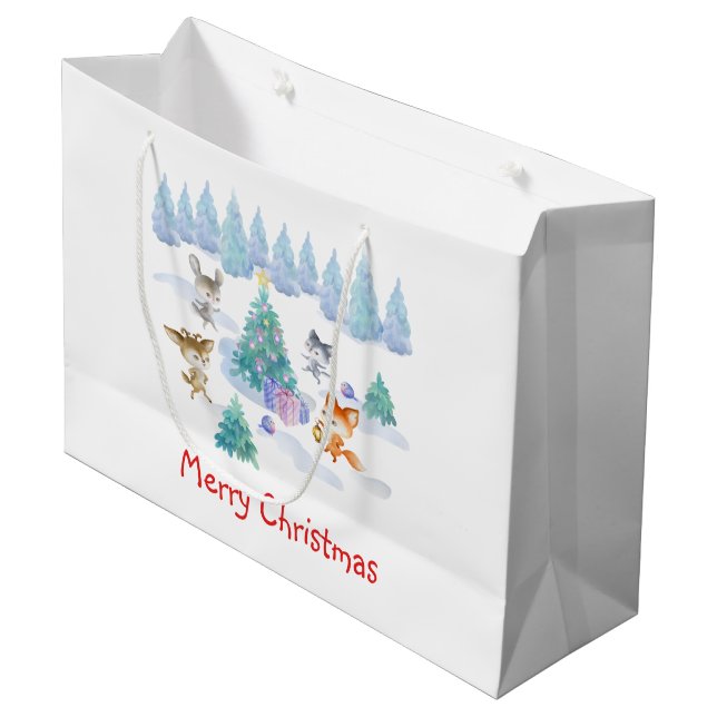 Dancing Forest Animals Christmas Watercolor Large Gift Bag (Front Angled)