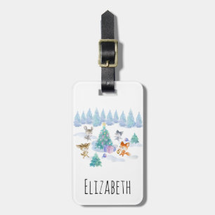 Dancing Forest Animals Christmas Watercolor Luggage Tag