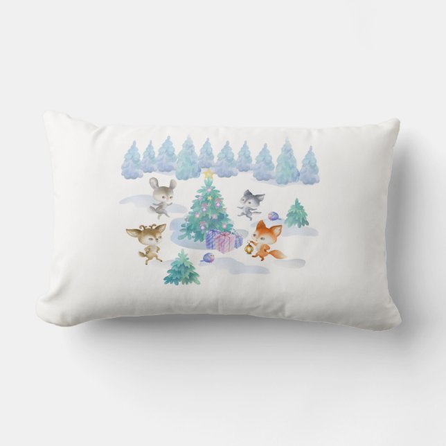 Dancing Forest Animals Christmas Watercolor Lumbar Cushion (Front)