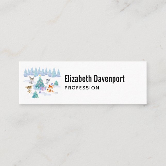 Dancing Forest Animals Christmas Watercolor Mini Business Card (Front)