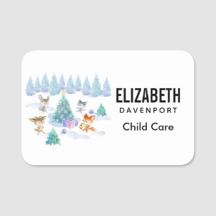 Dancing Forest Animals Christmas Watercolor Name Tag