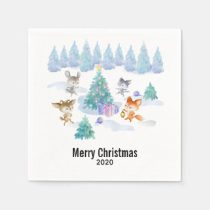 Dancing Forest Animals Christmas Watercolor Napkin