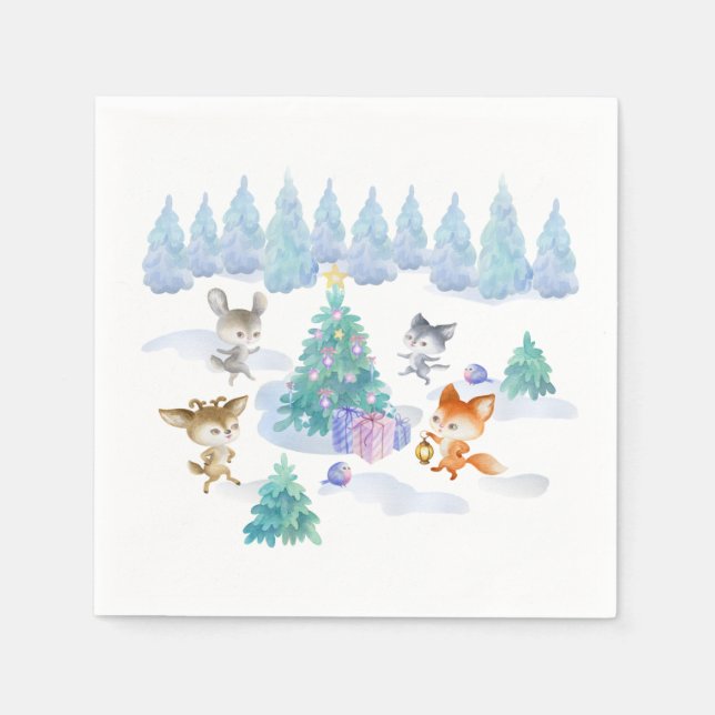 Dancing Forest Animals Christmas Watercolor Napkin (Front)