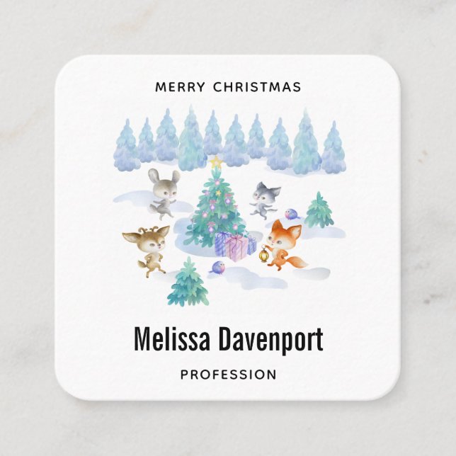 Dancing Forest Animals Christmas Watercolor Square Business Card (Front)