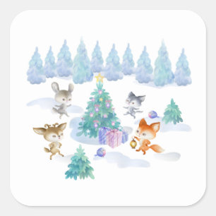 Dancing Forest Animals Christmas Watercolor Square Sticker