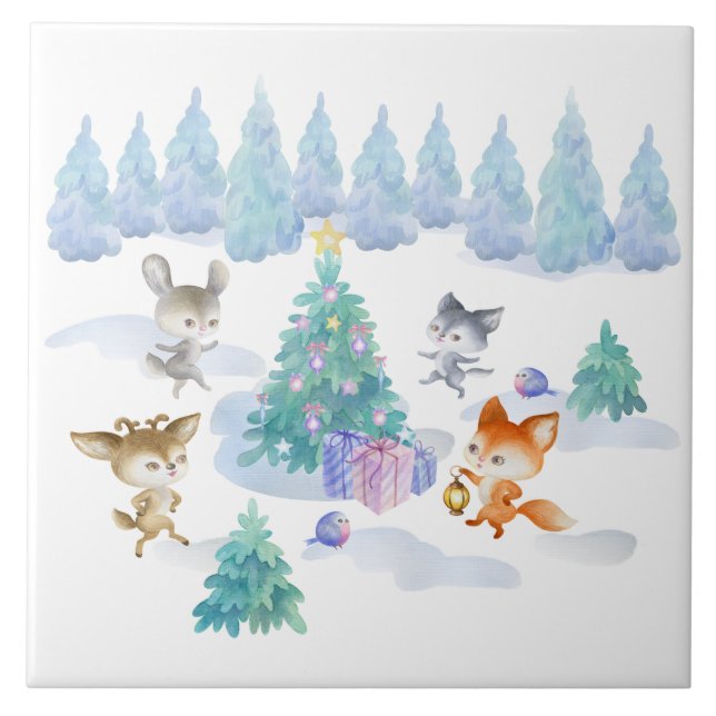 Dancing Forest Animals Christmas Watercolor Tile (Front)