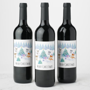 Dancing Forest Animals Christmas Watercolor Wine Label