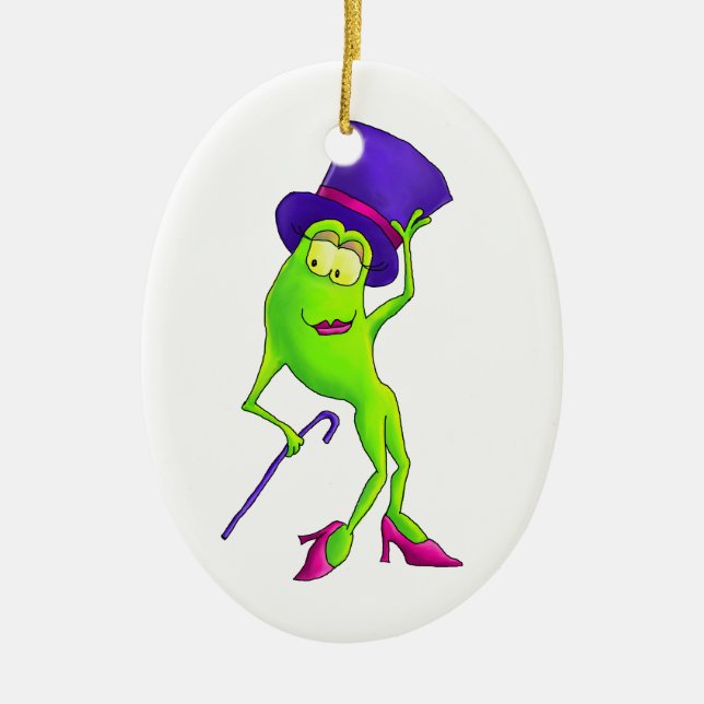Dancing Frog with a Purple Hat Musical Theatre Ceramic Tree Decoration (Front)