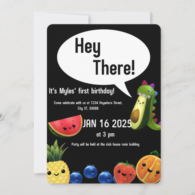 Dancing fruit themed first birthday card (Front)