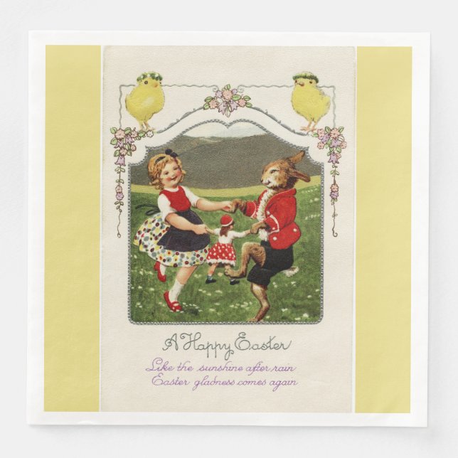Dancing Girl and Easter Bunny Yellow Dinner Napkin (Front)